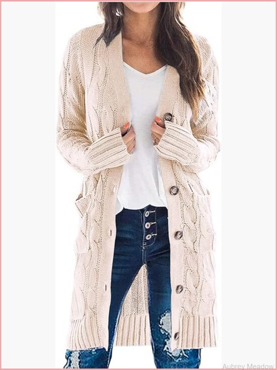 Sweaters - Long Sleeve Cable Knit Cardigan with Pockets